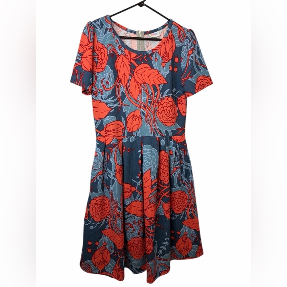 LuLaRoe Coral Pink/Blue Pop Floral Short Sleeve Pleated Exposed Zipper Dress